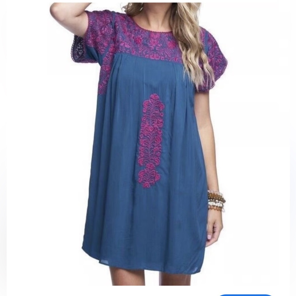 Buddy Love Blue and Magenta Embroidered Boho Hippie Summer Sundress XS